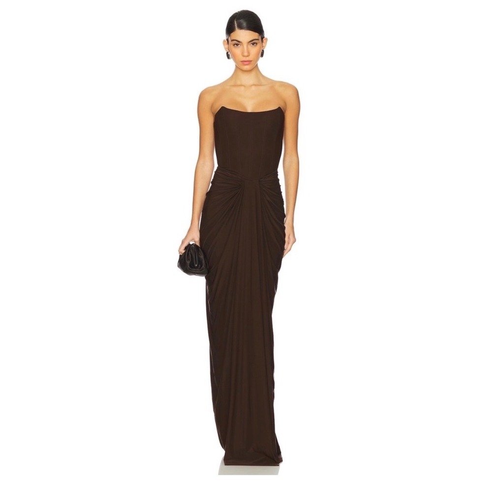 Deme by Gabriella Brown Corset Draped Strapless Maxi Dress Size S